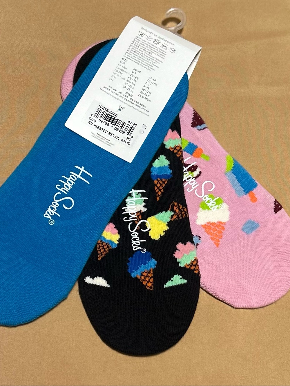 Happy Socks Ice Cream No-Show Sock Trio - Blue, Black & Pink